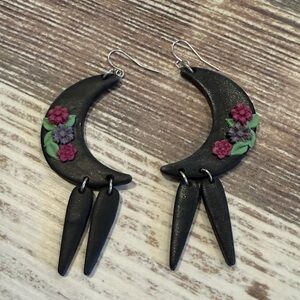 Black Floral Crescent Moon with Clay Flowers Earrings